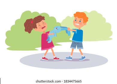 Bad kids arguing and pulling toy. Angry little boy and girl fighting over bunny toy in park outdoor or at playground. Manners and bad behavior vector illustration. Angry expressions.