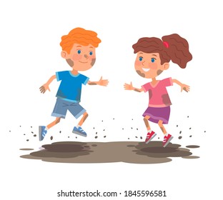 Niños malos trabajando en barro. Niñito y niña saltando en sucio charco de barro al aire libre. Modalidades e ilustración vectorial de comportamiento. Niños con ropa sucia aislados de fondo blanco.