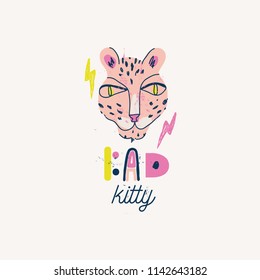 "Bad kitty" slogan for T-shirt print. 