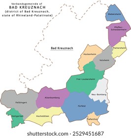 Bad Kreuznach verbandsgemeinde map of Bad Kreuznach district Rhineland-Palatinate state in Germany. Vectored. Retro colors