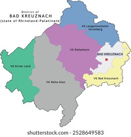 Bad Kreuznach verbandsgemeinden 
map of Rhineland-Palatinate state in Germany. Vectored. Retro colors