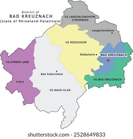 Bad Kreuznach verbandsgemeinden 
map of Rhineland-Palatinate state in Germany. Map with capitals. Vectored. Retro colors