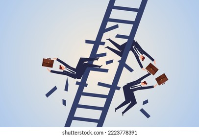 Bad ladder steps break businessmen all fall from mid-air, business failures or accidents, encounter setbacks, mistakes or risks
