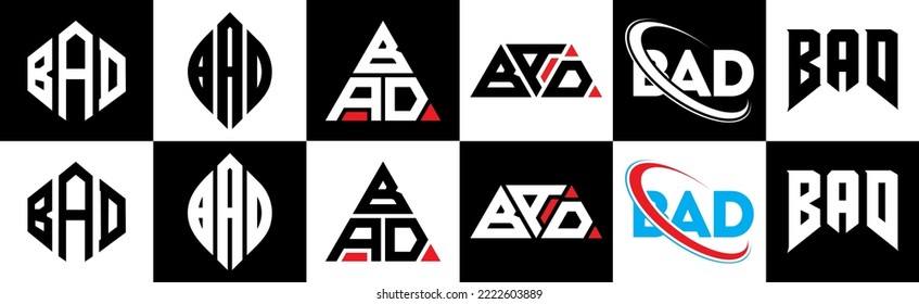 BAD letter logo design in six style. BAD polygon, circle, triangle, hexagon, flat and simple style with black and white color variation letter logo set in one artboard. BAD minimalist and classic logo