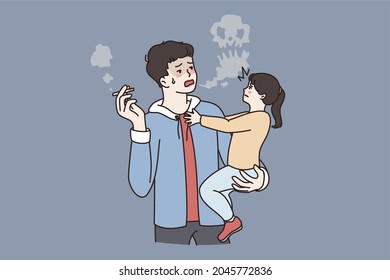 Bad lifestyle of parents concept. Young father man standing smoking cigarette and holding his small stressed daughter on hands vector illustration 