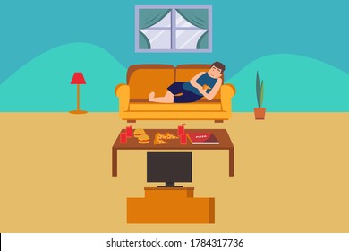 Bad lifestyle vector concept: overweight boy eating pizza and lying on the sofa while watching television