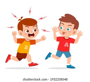 bad little boy run and show grimace face to angry friend
