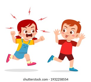 bad little boy run and show grimace face to angry friend