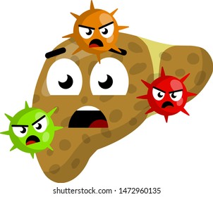 Bad liver. Medical Disease of the human internal organ. Health problem. Attack germs and cirrhosis of the liver. Evil emotions virus with face. Funny cartoon flat illustration