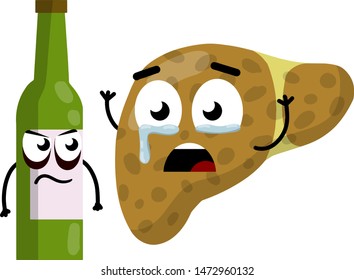 Bad liver. Sad internal organ of a person. Alcohol beer character. Health care and medicine. Emotions tears. Disease and cause. Funny cartoon flat illustration