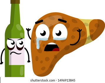 Bad liver. Sad internal organ of a person. Alcohol beer character. Emotions tears. Disease and cause. Funny cartoon flat illustration. Health care and medicine