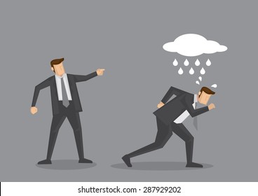 Bad luck business executive with a raining cloud above his head reprimanded by manager to get out. Creative cartoon vector illustration for concept on office situation isolated on grey background.