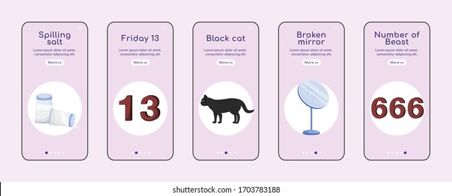 Bad luck signs onboarding mobile app screen flat vector template. Common superstitions walkthrough website steps with characters. UX, UI, GUI smartphone cartoon interface, case prints set