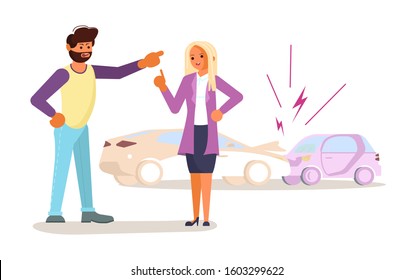 Bad luck and stressful situations. Female character experiences stress in everyday life. An accident on the road and conflict with driver. Flat Art Vector Illustration