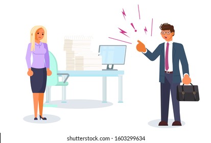 Bad luck and stressful situations. Female character experiences stress in everyday life. Angry boss and frightened employee. Bullying and harrassment at office concept. Flat Art Vector Illustration