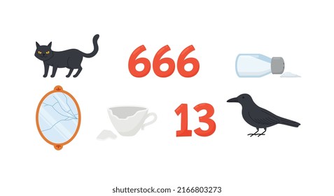 Bad luck symbols and omens set, flat vector illustration isolated on white background. Black cat, spilled salt, broken mirror and glass cup, crow and number 13th. Misfortune and superstition concepts.