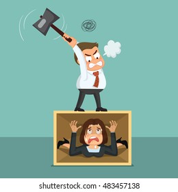 Bad man holding mallet ready to smash woman who try to going out box, vector illustration cartoon