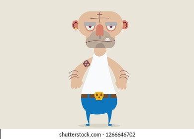 bad man with tattoo wearing blue jeans and a white shirt with a
bald head 