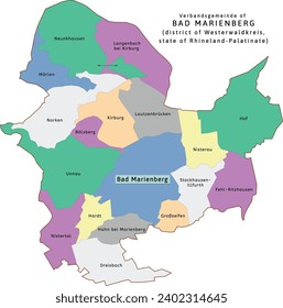 Bad Marienberg verbandsgemeinde map of Westerwaldkreis district Rhineland-Palatinate (Rheinland-Pfalz) state in Germany. Vectored. Retro colors