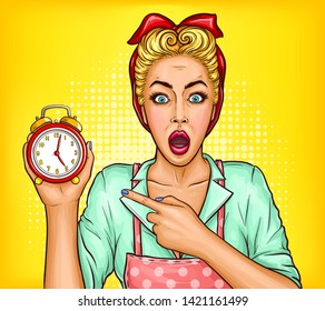 Bad memory and forgetfulness, lack of time for housework pop art vector concept. Shocked housewife in handkerchief, apron pointing on retro alarm clock illustration. Time to hurry on sale ad banner