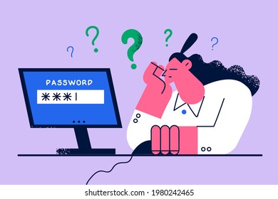 Bad memory and working on computer concept. Desperate young woman cartoon character trying to log into her computer forgetting password feeling stressed vector illustration 