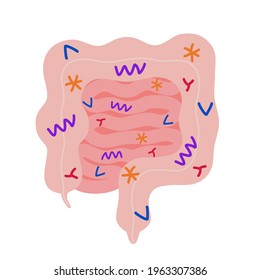 Bad microflora intestine, unhealthy gut. Inflamation and pain internal digestive bowel system. Harmful bacteria in inside gastrointestinal organ. Vector cartoon illustration