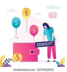 Bad money management. Unhappy woman with placard - bankrupt. Balloons fly out of the wallet. No cash, bankruptcy concept. Poverty, debt to the bank. Financial problems. flat vector illustration