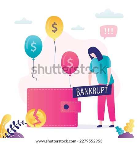 Bad money management. Unhappy woman with placard - bankrupt. Balloons fly out of the wallet. No cash, bankruptcy concept. Poverty, debt to the bank. Financial problems. flat vector illustration