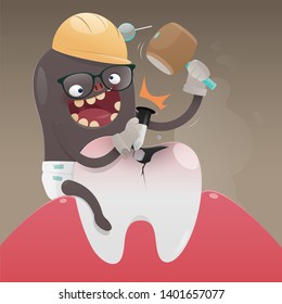 The bad monster is digging and damaging the tooth, A toothache is caused by tooth decay, Cartoon vector, Concept with tooth health