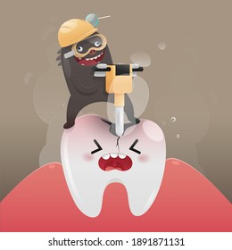 The bad monster is digging and damaging the tooth, Cartoon vector, Concept with tooth health