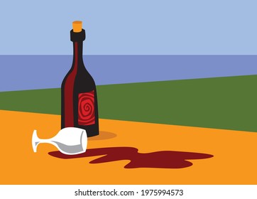 Bad mood. Bottle of wine, spilled wine on the table. Overturned glass. Vector image for illustrations.