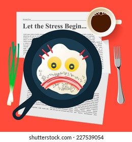 Bad mood, breakfast with sad face make with fried eggs and bacon, vector illustration.