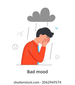 Bad mood concept. Man standing, covering his face with his hands and crying. Depression, disorder. Boy very worried, internal problems, upset, unhappy, rain. Cartoon flat vector illustration