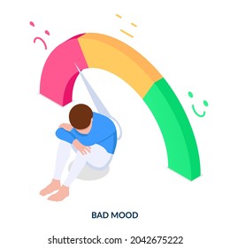Bad mood concept. Sad man sitting in front of the mood meter. Isometric illustration on white background