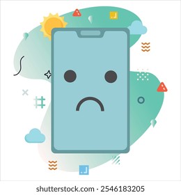 bad mood Emoji Expression on Smartphone Screen - Cheerful Digital Illustration with White Background and Abstract Shapes | bad mood emoji icon design on smartphone screen
