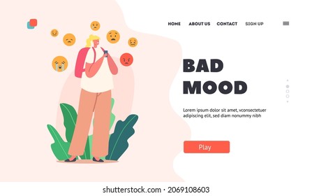 Bad Mood Landing Page Template. Cyber Bullying, Abuse, Social Attack, Bully Hate. Teen Girl Character Crying with Smartphone in Hands after Being Bullied over Internet. Cartoon Vector Illustration