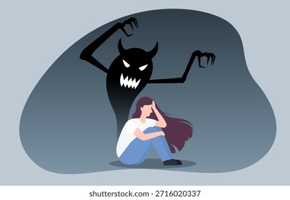 El mal sentimiento es un demonio amenazador que perdura alrededor de una persona angustiada, simbolizando cómo las emociones negativas se aferran y molestan la mente.