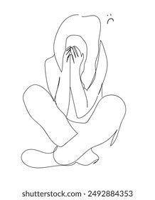 Bad mood, Unhappy , sorrow, melancholy, negative emotions concept. Woman Crying And hugging her legs. Worried people concept. Single Continuous line drawing of Depressed teenager Sad young girl. 