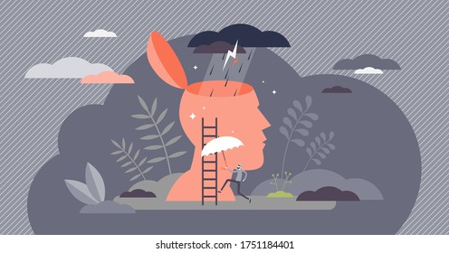 Ilustración vectorial de mal humor. Concepto de emoción de una persona pequeña y plana. Triste sensación de depresión vista con nubes abstractas de tormenta y lluvia en la cabeza abierta. El psicólogo necesita ayuda en la escena.