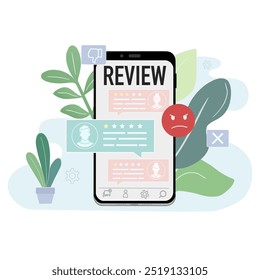 Malos Clientes de Comentarios negativo revisan en la pantalla de un teléfono. Personas de evaluación de producto, servicio. Concepto de revisión de calificación de Sitios web. Clientes dando Comentarios. Ilustración de clientes no satisfechos 