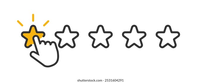 Bad negative review, rating 1 out of 5 stars. Yellow stars with clicking mouse hand. Quality rank icon. Customer feedback concept. Vector