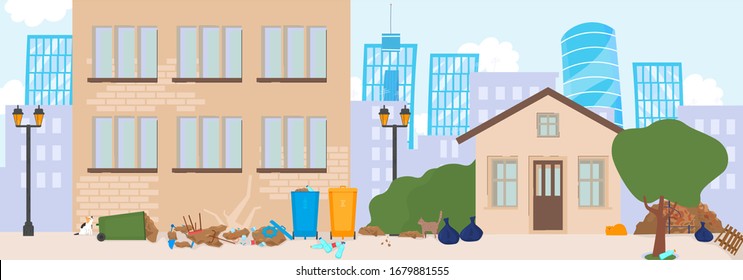 Bad neighborhood in city, street ghetto, trash on avenue, flat vector illustration. Road for car and sidewalk for passer. Criminal area, dangerous place. Design for website, banner, template.