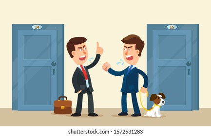 Bad neighbors. Conflict and dispute between neighbors. Two men cursing early in the morning at home. Quarrel - bad start to day. Vector illustration flat design cartoon style.