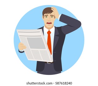 Bad news. Businessman with newspaper grabbed his head. Portrait of businessman in a flat style. Vector illustration.