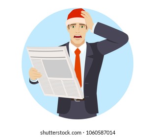 Bad news.  Businessman in Santa hat with newspaper grabbed his head. Portrait of businessman in a flat style. Vector illustration.