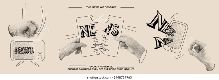 Bad news concept. Halftone stipple dot effect hands. Retro newspaper and torn paper. Elements for banners, poster, social media. Vector.