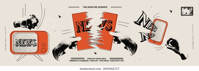 Bad news enough trendy vintage collage conception. Stippling texture hands. Retro newspaper and torn paper. Elements for banners, poster, social media. Vector.