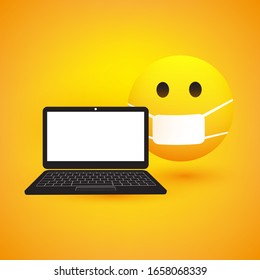 Bad News - Fearful, Concerned Emoticon with Medical Mask and Laptop Computer - Vector Design Concept