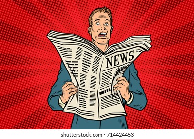 bad news in the newspaper. Businessman shocked. Pop art retro vector illustration