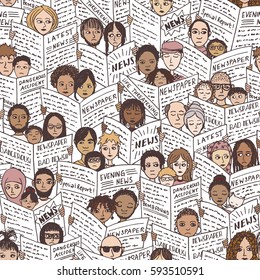 Bad news! Seamless pattern with diverse people, adults and children, reading newspapers, with shocked, fearful and sad facial expressions